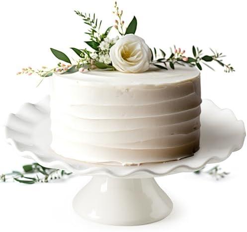 YHOJOY White Cake Stand, 10 Inch Cake Stands for Tea Party, Round Dessert Stand, Small Cake Plate Cupcake Stand for Dessert Table Display, Ruffle Trim