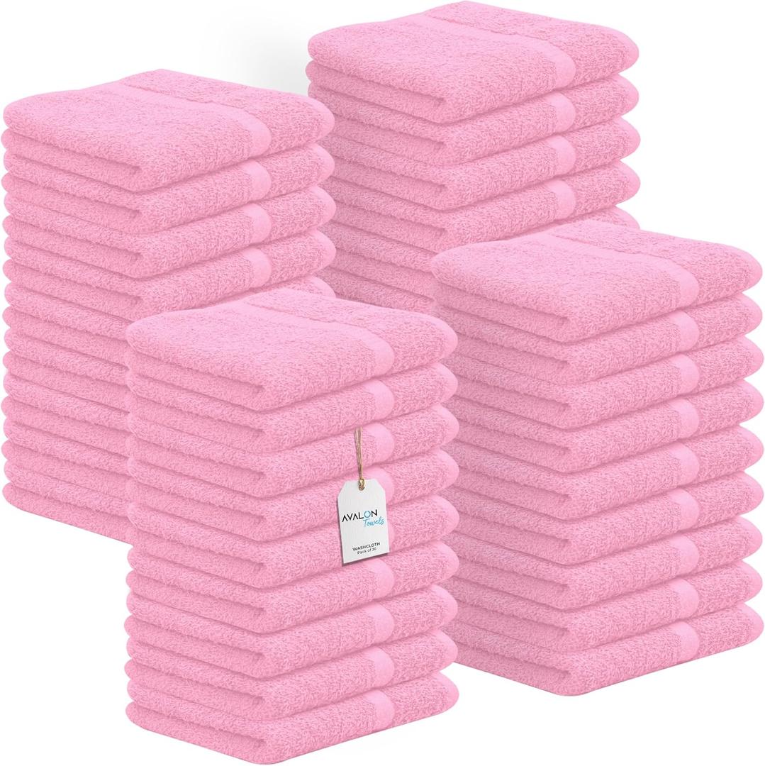 Avalon Towels Cotton Washcloths  (Pack of 36) Size 12x12 Inches, 100% Ring Spun Cotton, Soft & Absorbent Face Towels, Gym Towels, Hotel and Spa Quality, Reusable Fingertip Towels (Pink)