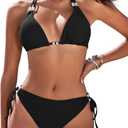 Yusongirl Womens Two Piece Bikini Set Sexy Tie Side Halter Triangle Tops String Bathing Suit Solid Color Bikini Swimsuit (Large, Black)