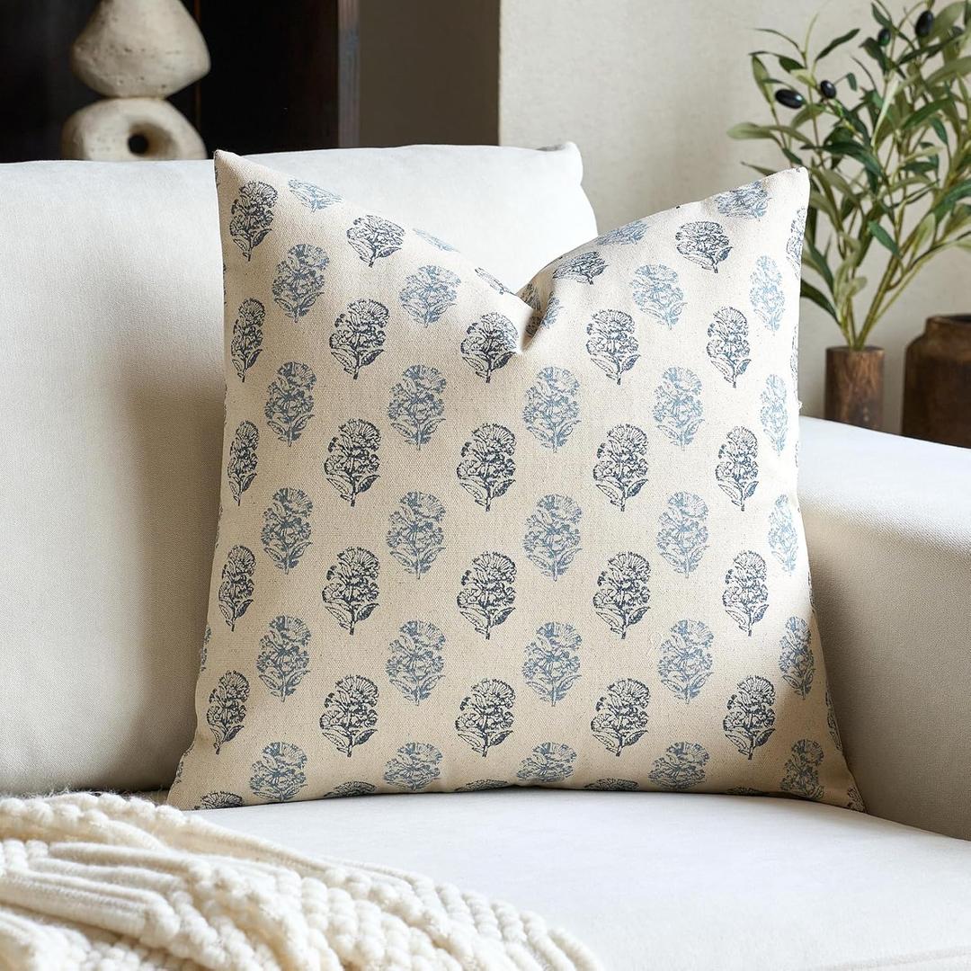 Floral Vintage Throw Pillow Covers 20x20 Pillow Cover Block Print Decorative Cushion Covers Farmhouse Neutral Accent Home Dcor for Sofa Couch Living Room Bedroom, 1PC, Aqua Blue