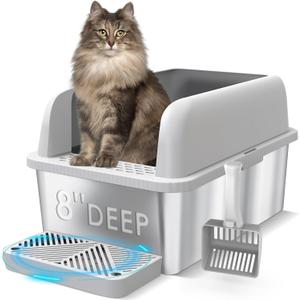 Suzzipaws XL 8" Deep Enclosed Stainless Steel Cat Litter Box for Big Cats | High-Side Anti-Leakage Structure, Non-Sticky Surface, Simple Daily Cleaning, Comes with Scoop & Filter for Multi-Cat Homes
