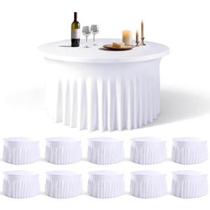 WJWHQ 10 Pack White Round Spandex Tablecloths for 60in Tables, 120Inch Stretchy Fitted 5FT Round Table Clothes,Wrinkle Free Table Cover with Skirt for Wedding Party Dining Banquet