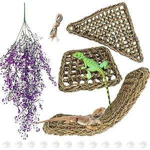 MUYG Natural Seagrass Reptile Hammock,Bearded Dragon Bed Lounger Large Flexible Purple Jungle Climbing Hanging Vine Reptile Tank Decor for Lizard,Gecko,Chameleon,Snake