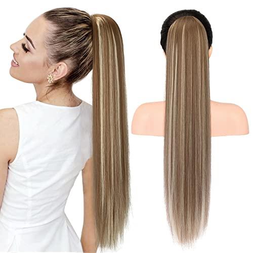 SEIKEA 28" Ponytail Extensions Drawstring Long Straight Fake Pony Tail Natural Soft Clip in Hair Extension Synthetic Heat Resistant Hairpiece - Ash Brown with Platinum Blonde Hightlights