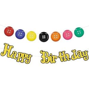 2 Pack HOMEZZO Button Theme Decorations, Button-Eye Birthday Banner Mystery Blue Hair Doll for Halloween, Kids Birthday Party Supplies