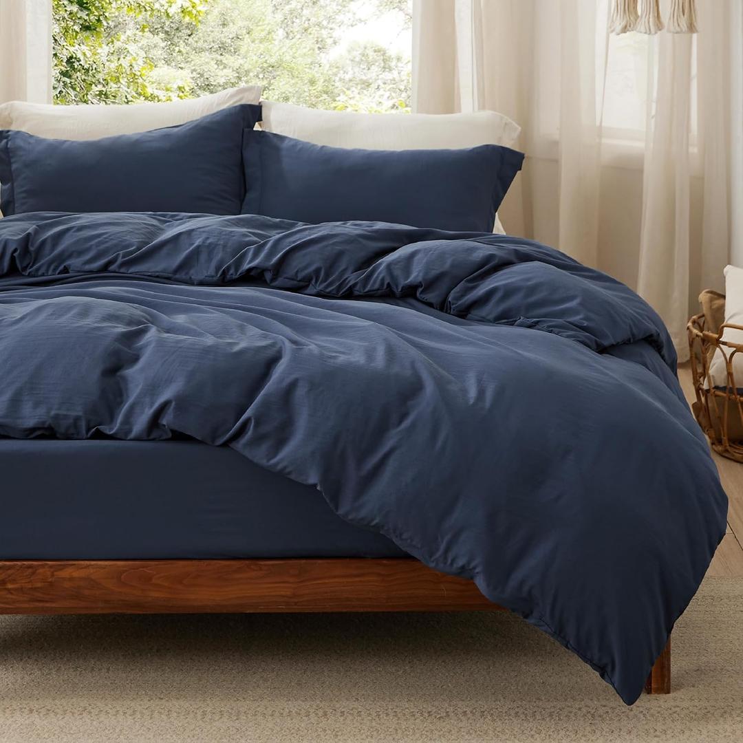 Bedsure Duvet Cover Queen Size with Fitted Sheet - 4 Pieces Prewashed Polyester Soft Bedding Set, Includes 1 Duvet Cover 90x90 Inches with Zipper Closure, 2 Pillow Shams, 1 Fitted Sheet, Navy Blue