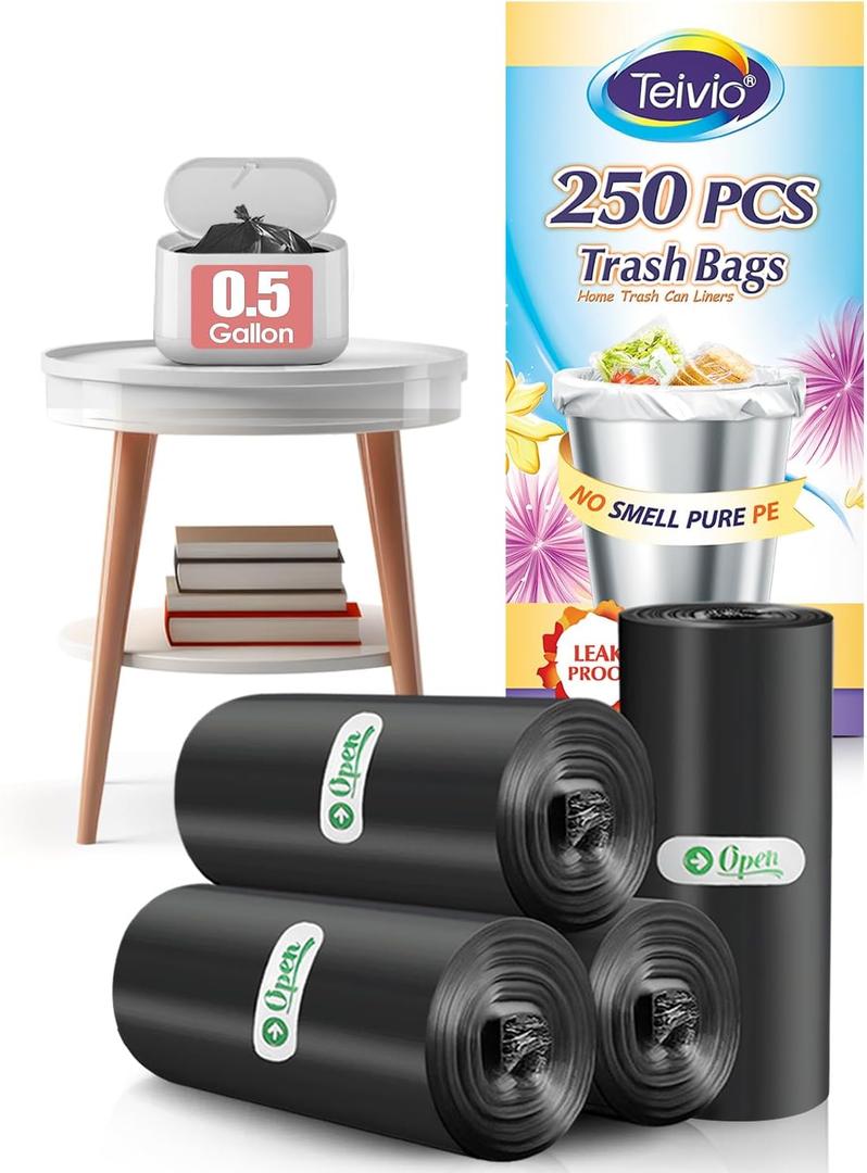 0.5 Gallon Mini Trash Bags Garbage Bags, Tiny Bathroom Trash Can Liners by Teivio, Small Plastic Bags for Desktop Trash Bin/Dog/Poop Car, Fit 2 Liters or Less Can (250 Counts, Black)