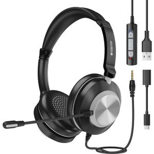 Voistek USB Headset with Microphone for Laptop PC, Wired On Ear Computer Headphones with Noise Cancelling Mic & in-line Controls for Office, Call Center, Online Classes, Teams, Zoom, Skype