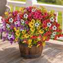 CLEANGOR 48 Pcs Artificial Flowers for Outdoors (6 Color) | UV Resistant Artificial Outdoor Plants, Fake Daisy with Eucalyptus Leaves, for Spring Summer Garden, Porch, Home Decor
