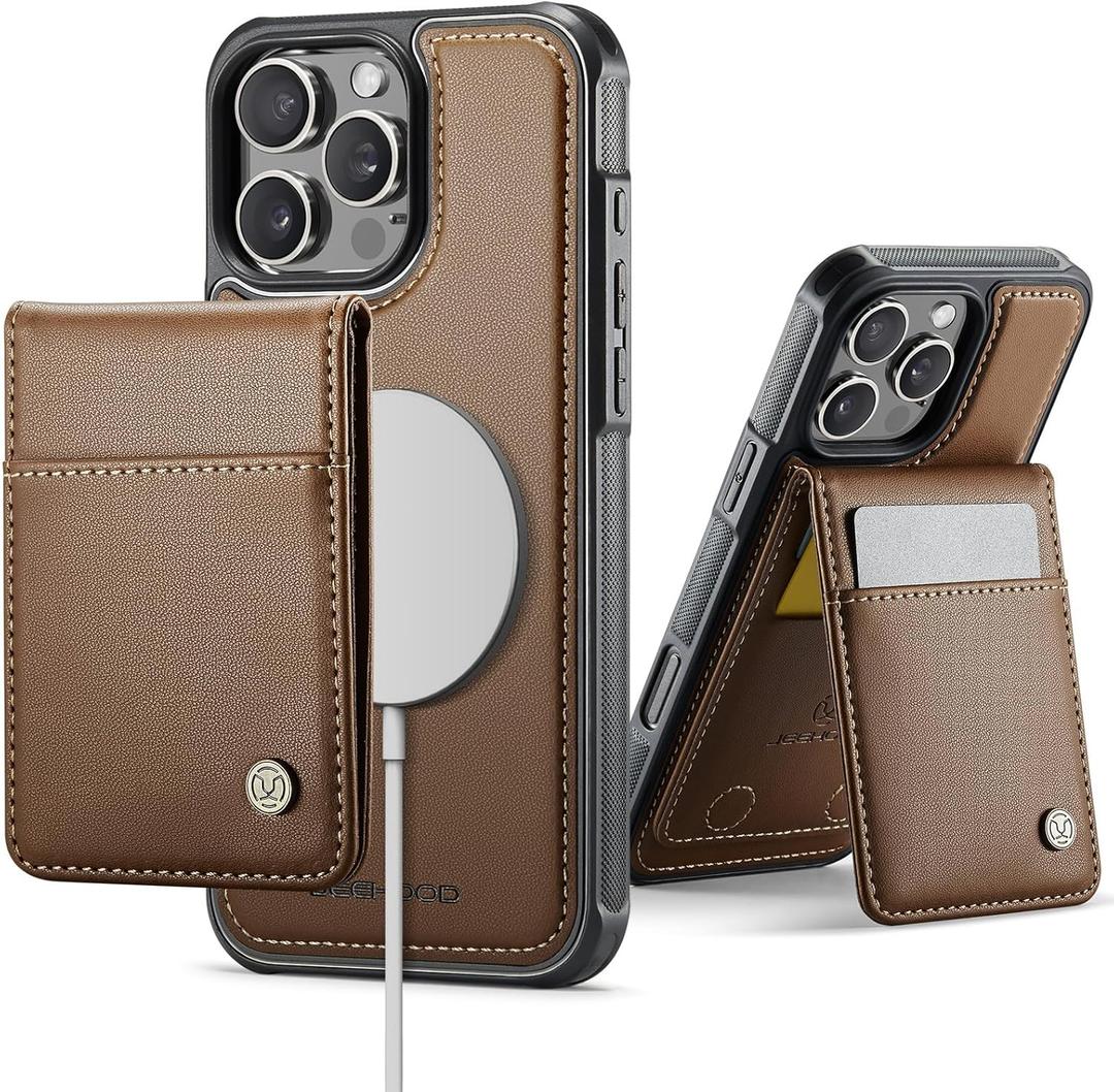 Compatible with Magsafe for iPhone 16 Pro Max Wallet Case with Adjustable Stand, RFID Blocking Magnetic Card Holder Kickstand 2 in 1 Detachable Case for Women Men, Brown