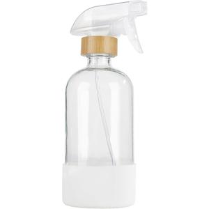 HOMBYS Empty Bamboo Glass Spray Bottles with Silicone Sleeve Protection - Refillable 17 oz Clear Glass Containers for Cleaning Solutions, Essential Oils, Misting Plants - Quality Sprayer - 1 PCS (White)