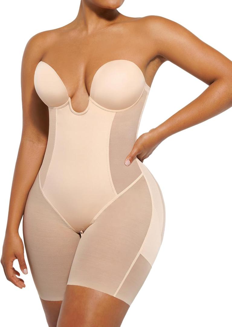 SHAPELLX Tummy Control Shapewear for Women Plunge Backless Strapless Bodysuit Full Body Shapewear M