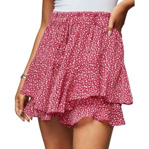 Women's Summer Floral Ruffle Hem Skirt Shorts Elastic High Waist Layered Tiered Boho Mini Skorts Skirts (XX-Large)