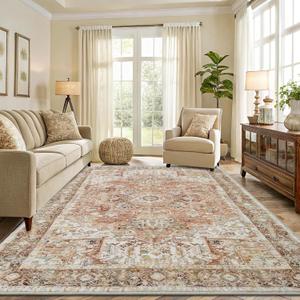 Smiry Area Rugs for Living Room Bedroom, Machine Washable 8x10 Vintage Rug, Soft Plush Bedside Floor Carpet for Farmhouse Nursery Kitchen Laundry Home Decor, Gold