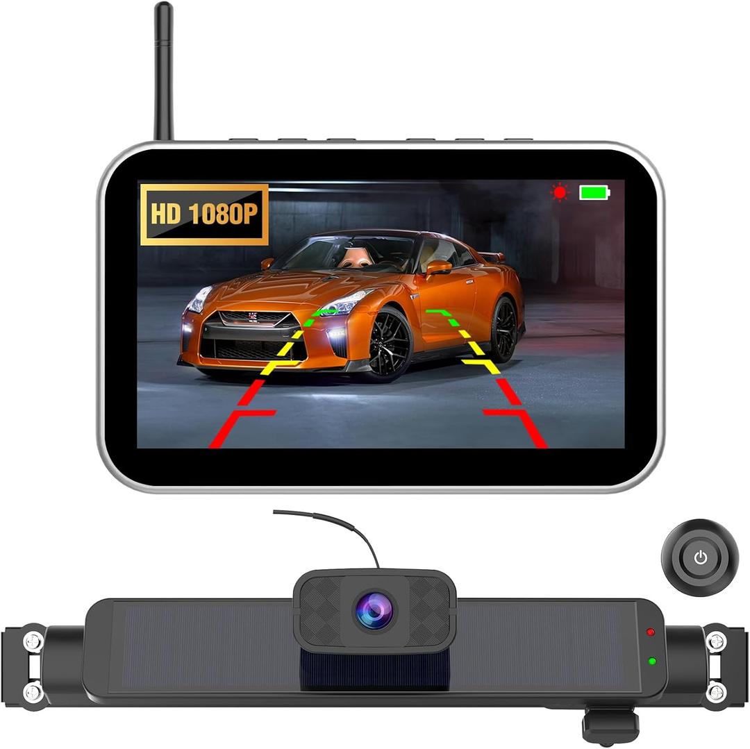 Carpuride Solar Wireless Backup Camera with 7" Monitor Rechargeable 6700mAh Battery 1080P Back Up Cam Auto Sleep, 170Wide Angle, IP69K Waterproof, Easy Installation for Car, Van, Truck, Trailer, Bus