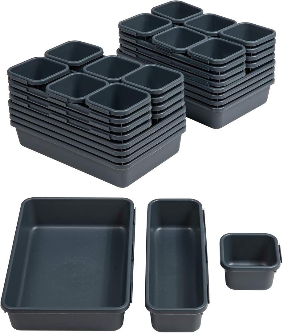 BYCY 32 PCS Desk Drawer Organizers - Interlocking Tool Boxes with 3 Sizes, Office, Bathroom, Kitchen, Makeup (Dark Grey)
