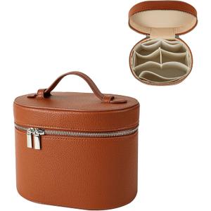 Aesthetic Makeup Bag, Travel Makeup Vanity Case with Divider and Handle, Waterproof PU Leather Cosmetic Organizer Bag, Portable Toiletry Bag for Women(01Brown)