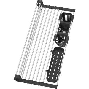 Black Expandable Roll Up Dish Drying Rack Up to 22.8''with 2 Storage Baskets,Over The Sink Kitchen Rolling up Dish Drainer Drying Rack , Foldable,Rollable,for Kitchen Dishes(Expandable Width Size)