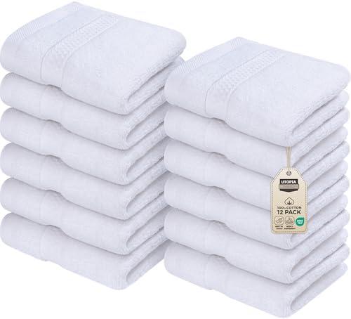 Utopia Towels 12 Pack Premium Wash Cloths Set, 12 by 12 Inches, 100% Cotton Ring Spun, Highly Absorbent and Soft Feel Essential Washcloths for Bathroom, Spa, Gym, and Face, White
