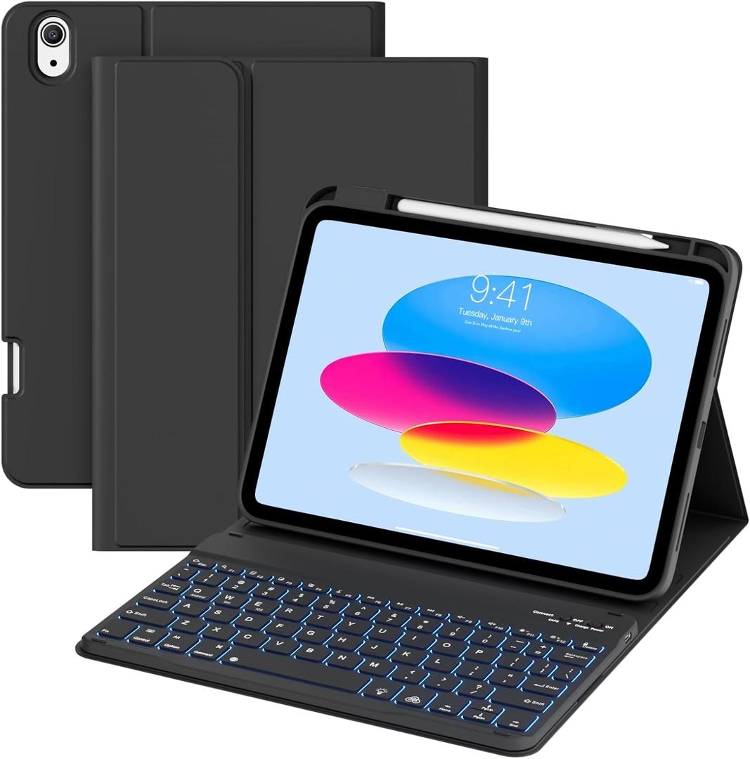 for iPad 10th 11th Generation Case with Keyboard, Folio Cover with Pencil Holder, 7 Colors Backlit Wireless Detachable Keyboard for iPad 11 inch A16 2025 10th Gen 10.9 Inch 2022, Black