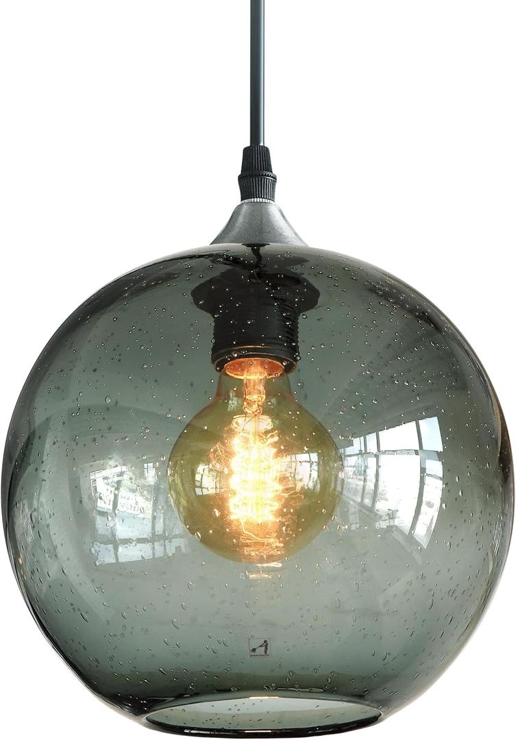 ARIAMOTION Glass Pendant Lights Kitchen Island Smoke Green Color Seeded Bubbles Modern Rustic Globe Over Sink Dinning Table Brushed Nickel 8.7" Diam