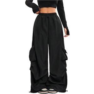 GORGLITTER Women's Parachute Baggy Cargo Pants Wide Leg Low Waisted Oversized Loose Drawstring Pants with Pockets (Medium, Black)