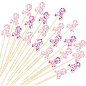 Domensi 300 Pcs Breast Cancer Awareness Cocktail Picks 4.7" Pink Ribbon Flower Toothpicks for Appetizers Bamboo Skewer Fruit Stick for Cupcake Food Sandwich Appetizer Charcuterie Skewer Party Supplies