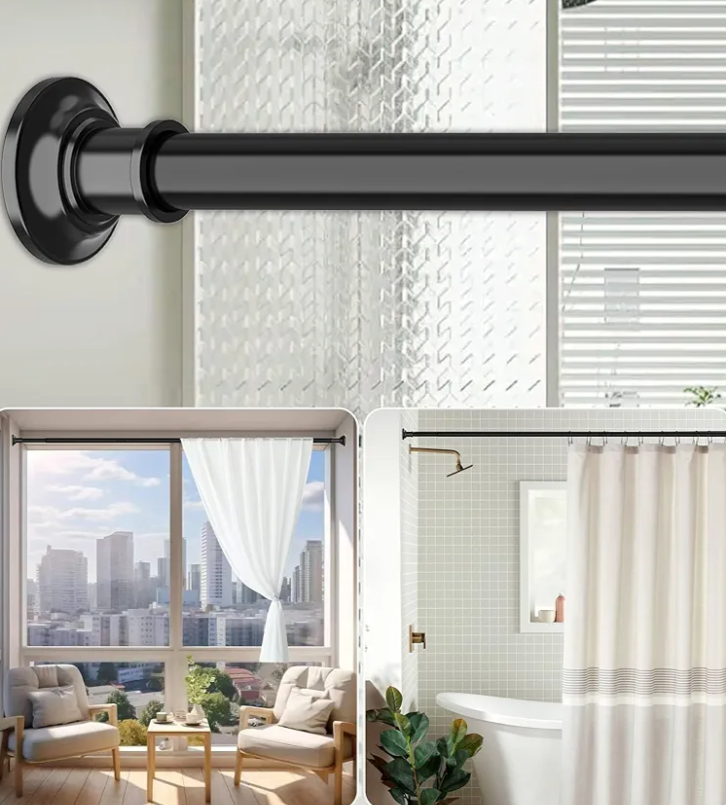 Tension Curtain Rod, Extra Long Outdoor Curtain Rod 43-100 Inch Adjustable, 1.1 Inch Diameter Thick Heavy Duty Black Shower Curtain Rod, Stainless Steel Shower Rod for Bathroom No Drilling, No Rust, Black 
