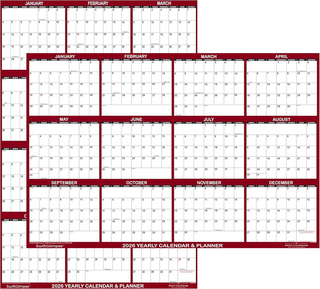 32" x 48" SwiftGlimpse 2026 Wall Calendar Erasable Jumbo XL Wet & Dry Erase Laminated 12 Month Annual Yearly Wall Planner, Reversible, Horizontal/Vertical, Maroon