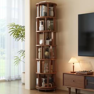 Muwuele 6 Tier Rotating Bookshelf Tower, Solid Wood Bookshelf on Wheels, Circular Book Shelf Rotating, Revolving Bookcase for Small Spaces, Corner Book Case, Spinning Book Shelf for Bedroom, Walnut