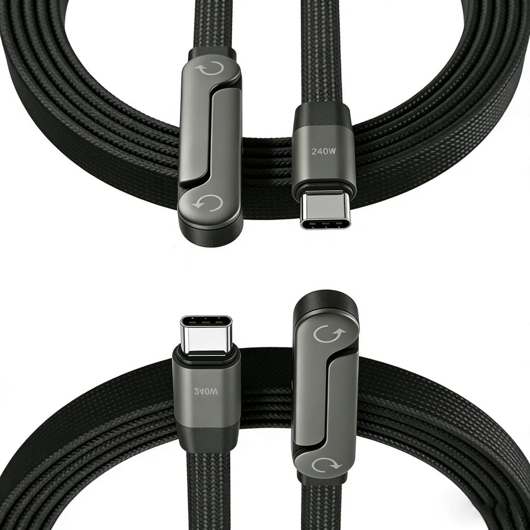 240W Invisible Stand Fast Charging Cable, 240W USB C to USB C Flat Cable 90 Degree Angled, Sideways Phone Type C Charger Cord (4.9FT) Compatible with iPhone 17 Series (2Pcs C to C)