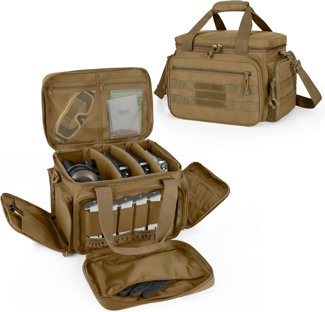 DSLEAF Tactical Gun Range Bag for 4 Handguns, Pistol Shooting Range Bag with 6X Magazine Slots and Extra Pockets for Ammo and Essentials (Khaki)