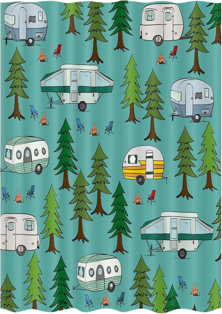JAWO Camper RV Shower Curtain for Travel Trailer Bathroom, Farmhouse Camping Shower Curtain, Camping Tent with Trees Fabric Shower Curtains Set, Happy Camp Outdoor Decor with Hooks 47X64 (Blue)