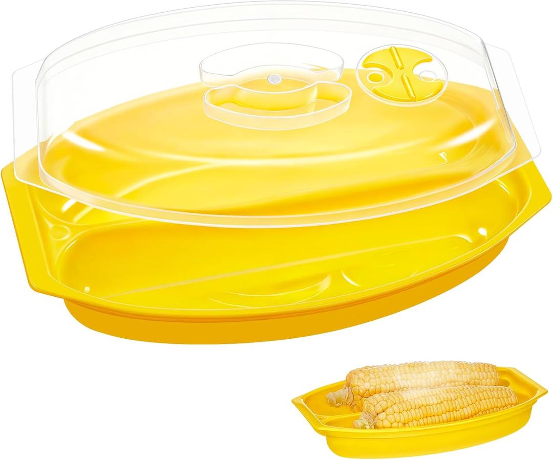 1 Pcs Microwave Corn Steamer with Lid Fast & Easy Steam Cooker for Corn on The Cob & More, 2 Pieces at Once, Vented Lid, Dishwasher Safe, Microwave Vegetable Dishes Steamer Kitchen (Yellow)