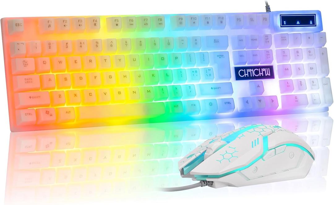 CHONCHOW LED Keyboard and Mouse, 104 Keys Rainbow Backlit Keyboard and 7 Color RGB Mouse, White Gaming Keyboard and Mouse Combo for PC Laptop Xbox PS4 Gamers and Work