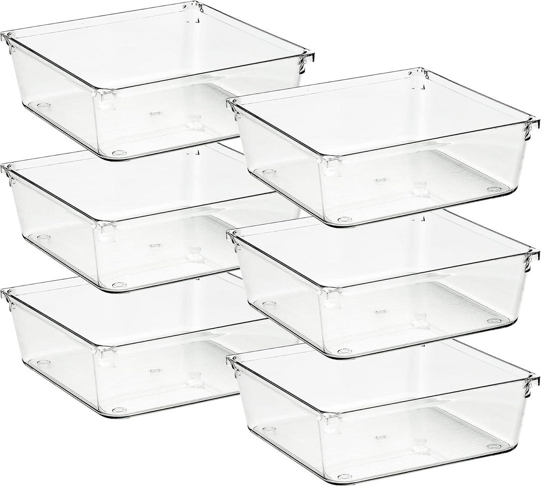 Ravinte 6 Pack Drawer Organizer - 6" X 6" Plastic Storage Bins, Acrylic Organizers with Non-Slip Pads Clear Desk Storage Tray for Makeup, Jewelries, Kitchen Utensils, Bathroom and Office