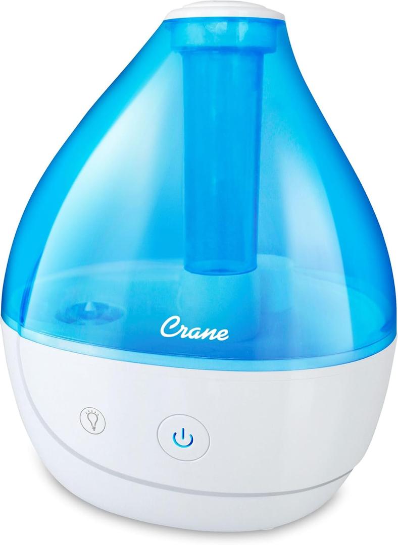 Crane Personal Ultrasonic Cool Mist Humidifier  1.5 Liter, 8-Hour Run Time, Whisper Quiet, Auto Shut-Off, Filter-Free for Small Rooms, Offices, Nursery, Travel (Blue and White)
