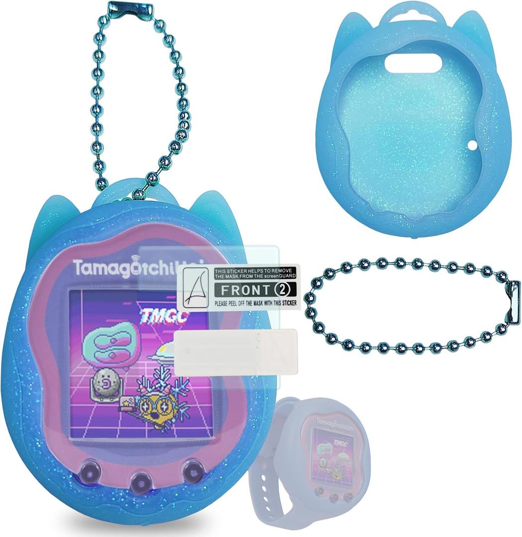 JCHPINE Silicone Case Replacement for Tamagotchi Uni, Screen Protector for Tamagotchi Uni Band Pet Accessories (Blue Silicone Case and Screen Film)