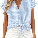 PRETTYGARDEN Womens Short Sleeve Shirts Plaid Button Down Blouse Dressy Casual 2026 Summer Spring Business Gingham Work Tops (Small, Light Blue)