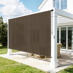 Outdoor Roller Shades for Patio, 8' W x 8' H Cordless Patio Shades Roll Up Outdoor Blinds with Splicing Design, 90% UV Protection for Porch Gazebo Pergola, 2 Poles & 1 Fabric, Mocha