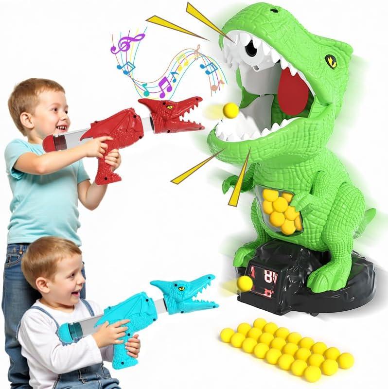 Dinosaur Movable Shooting Toys for Kids, 2 Air Pump Launchers, Electronic Kids Target Games, LCD Score Record, Light & Sound, 48 Foam Balls, Competition Game Gift for Boys 3-5 Years Old