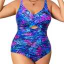 Daci Blue Leaves Plus Size One Piece Swimsuits - Tummy Control Bathing Suit for Women Cutout Swimwear 20W