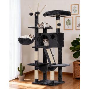 Hey-brother Cat Tree, 53 inch Cat Tower for Indoor Cats, Cat House with Padded Platform Bed, Toy Balls, Large Cozy Condo, Hammocks and Sisal Scratching Posts, Smoky Gray MPJ019-SG