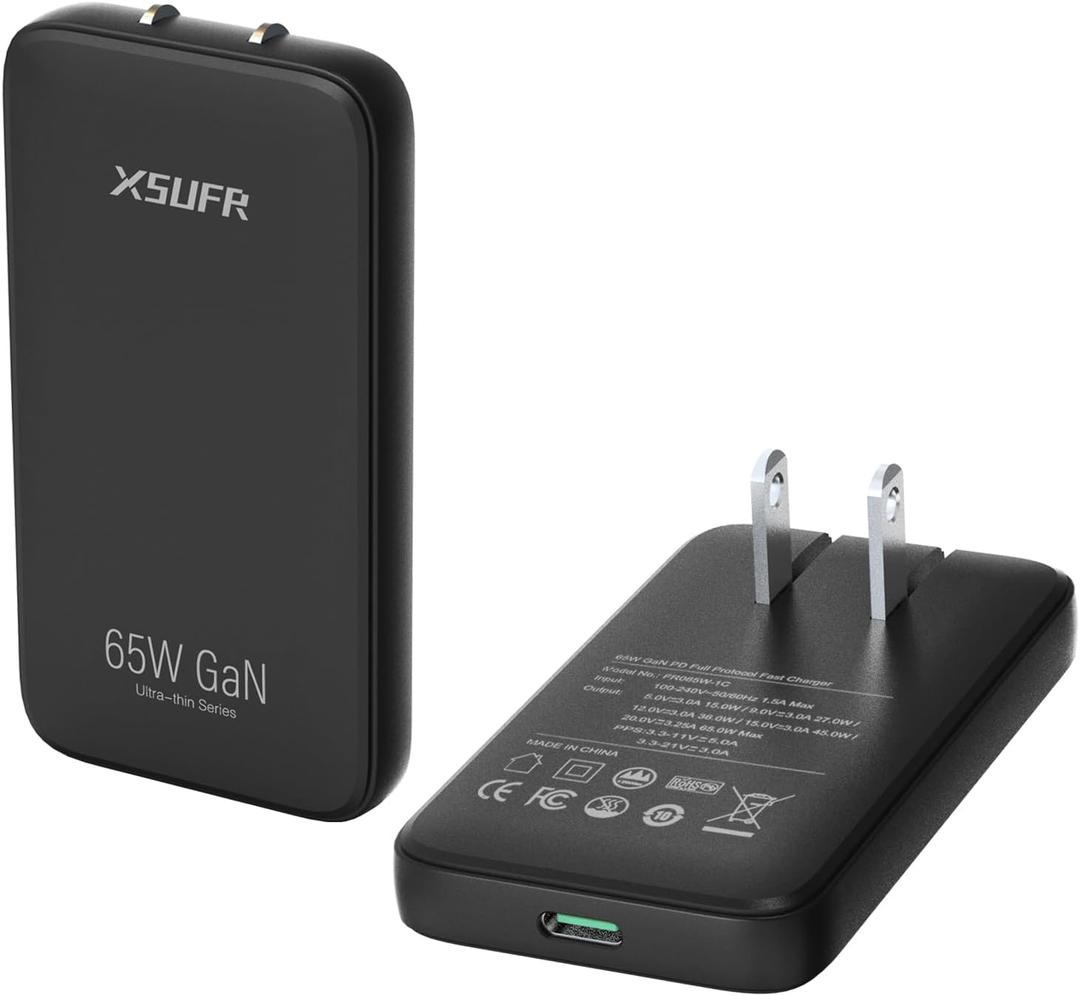 65W Flat USB C Wall Charger, Folding Travel Dual Port USB GaN Wall Charger,Fast Charging with PPS for Laptops, Tablets, Phones,White (65W1C-Black)