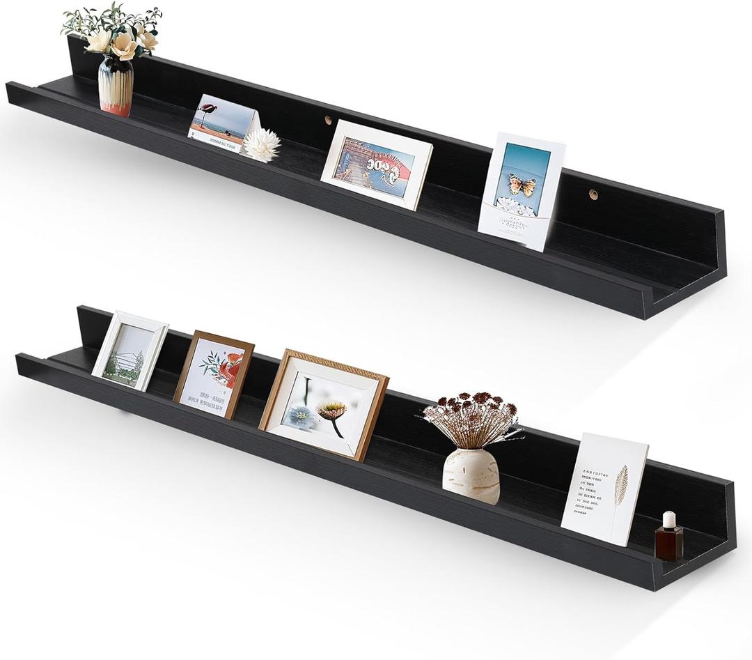 Muzilife 45.3" Large Floating Wall Ledge Shelves with Lip - Set of 2 Wood Floating Shelves - Black Wall Mounted Picture Ledge for Office, Bathroom, Bedroom, Living Room, Kitchen
