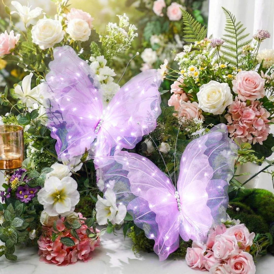 Yinkin 2 Pcs 20 Inch Large LED Butterfly Decorations Mariposas Grandes para Decoracion Giant Light up 3D Butterflies for Wedding Birthday Party Baby Shower Decor(Purple)