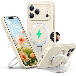 Liquid Silicone Case for iPhone 17 pro with Magnetic Ring Stand, Upgraded Camera Lens Tection Mil-Grade Drop Shockof Soft Anti-Scratch Microfiber Lining(Beige)