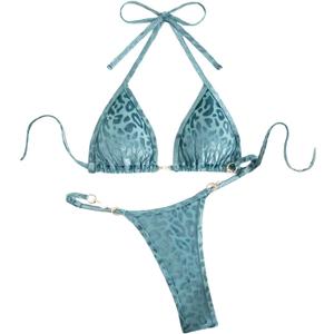 Verdusa Women's 2 Piece Leopard Print Cheeky Triangle Bikini Sets Self Tie High Cut Swimsuit (Large, Teal Blue)