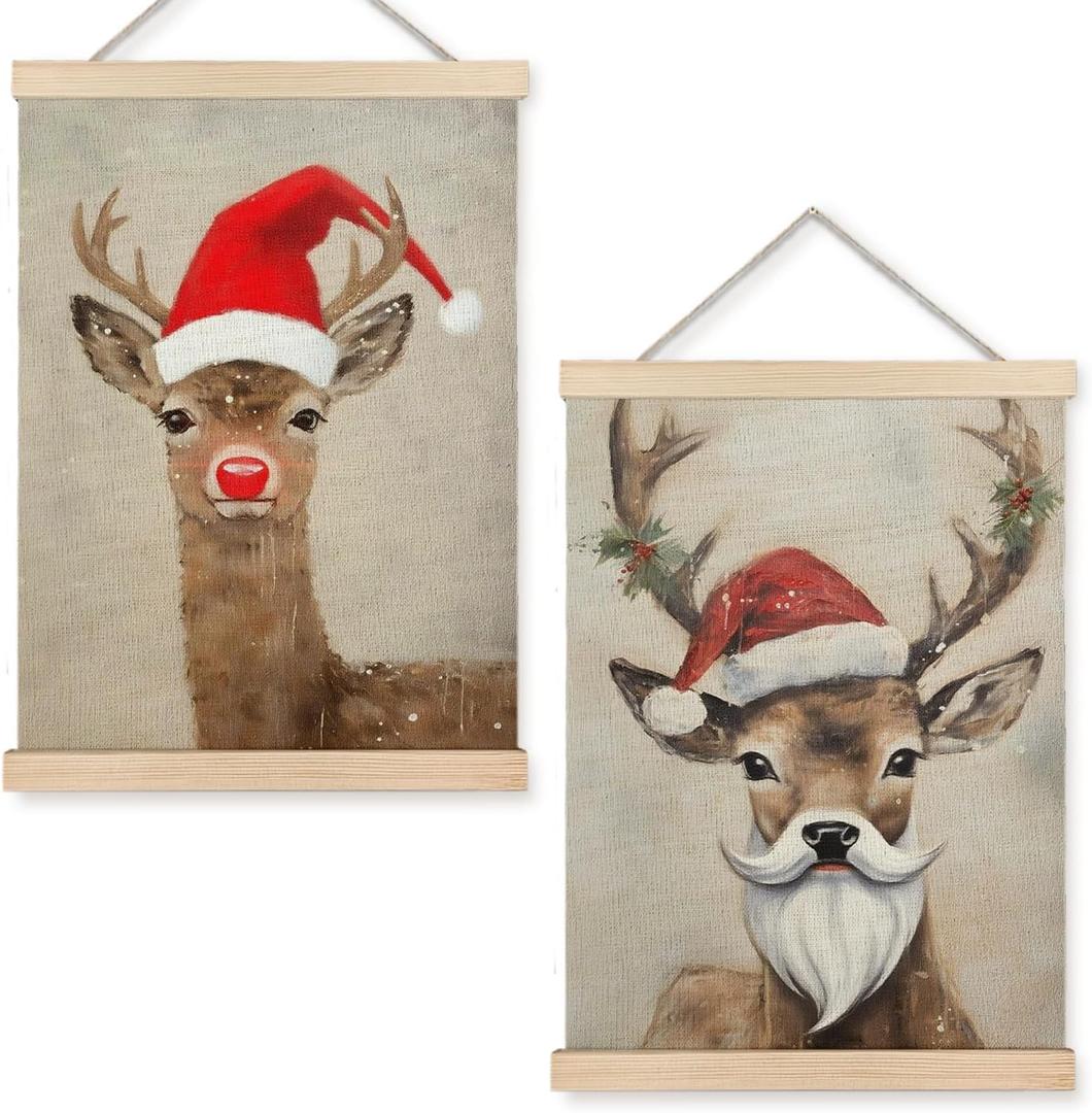 YTRGI Christmas Reindeer Mooses Art Decor, Christmas Reindeer Wall Decor, Vintage Red Nosed Elk Mooses Poster Hanger Frame, Mooses Gifts 12x16 In Set of 2