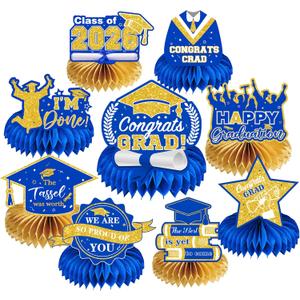 9Pcs Graduation Decorations Class of 2026 - Blue and Gold Congrats Grad Honeycomb Centerpieces, Graduation Table Toppers for 2026 College High School Graduation Party Supplies Decorations